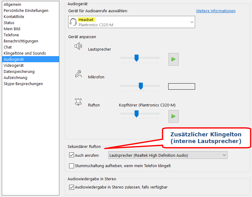 Skype for Business Klingelton ändern Einstellungen